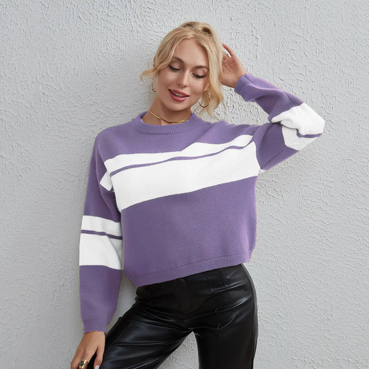 Women Clothing Colorblock All Matching Top Simple Classic Casual Sweater Bella Mia