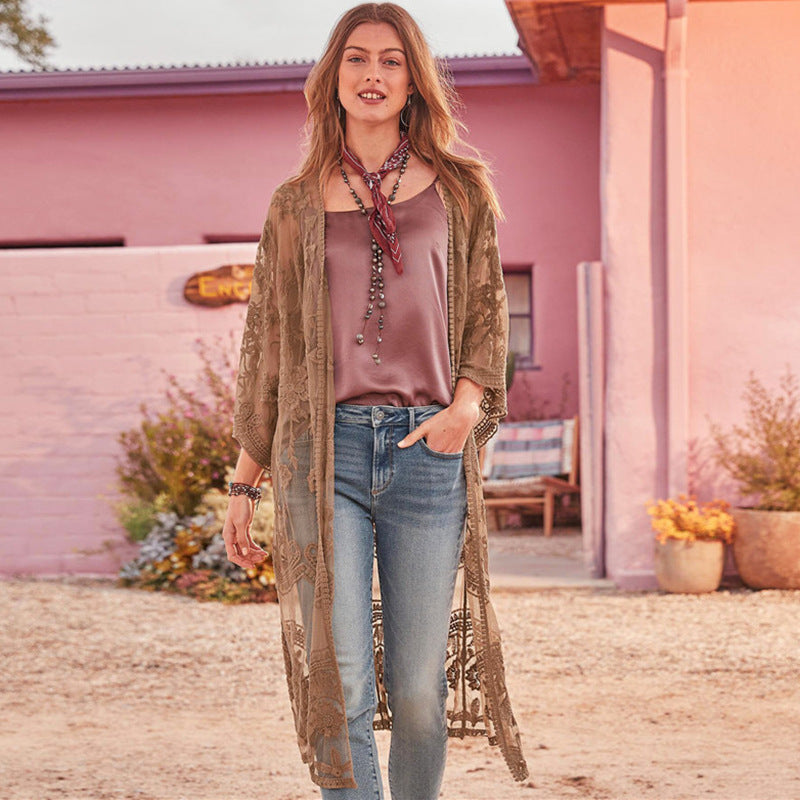 Lace Mesh Embroidered Beach Cover up Sexy Cardigan Sunscreen Beach Bella Mia