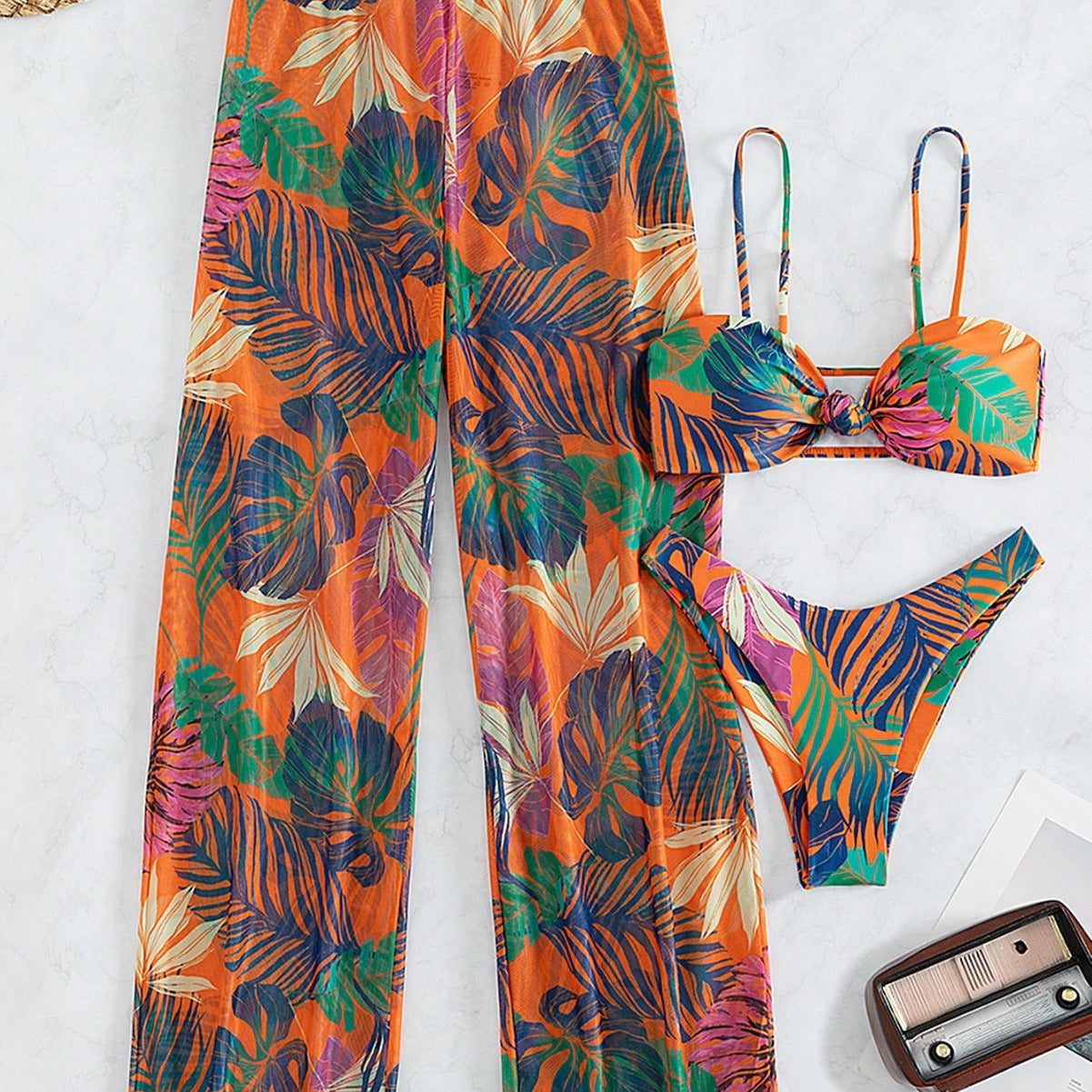 Plant Print Spaghetti Strap Buckle Tube Top High Cut Briefs Trousers Split Three Piece Bikini Bella Mia