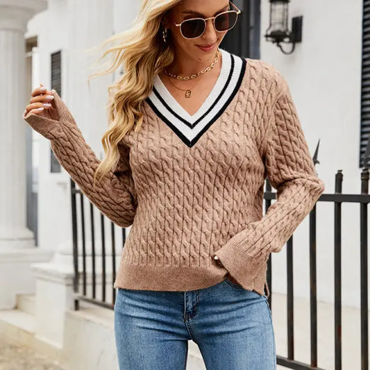 Autumn Winter Women Clothing Fashionable Loose All Match V neck Sweater Plaid Striped Sweater Bella Mia
