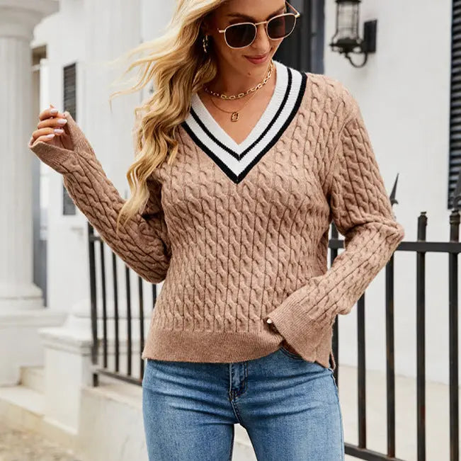 Autumn Winter Women Clothing Fashionable Loose All Match V neck Sweater Plaid Striped Sweater Bella Mia
