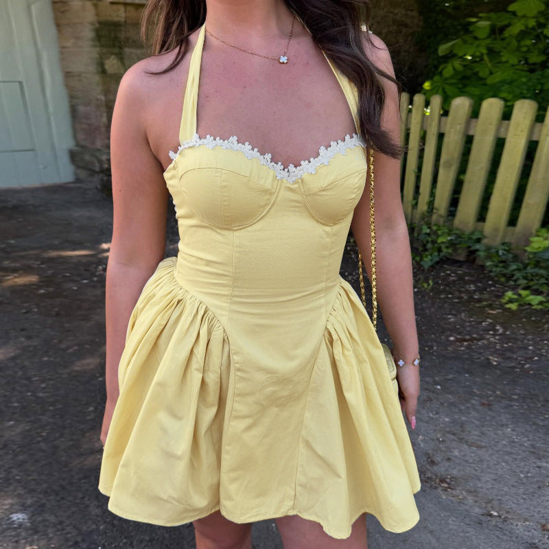 Women Clothing Summer Sexy Square Collar Elegant Backless Solid Color Halter Waist Dress Bella Mia