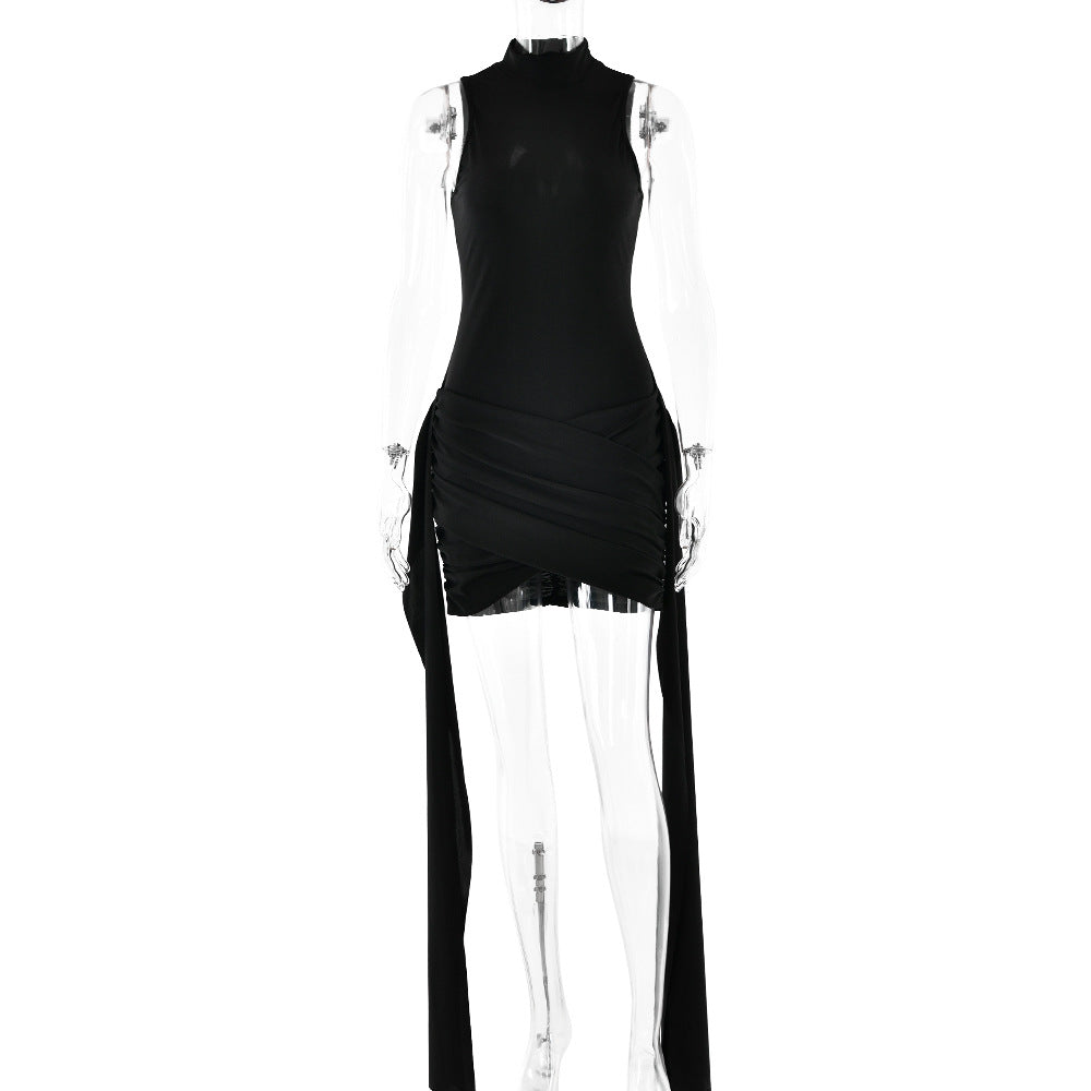 Spring Dress Sexy Solid Color round Neck Sleeveless Hip Bag Lace Bella Mia