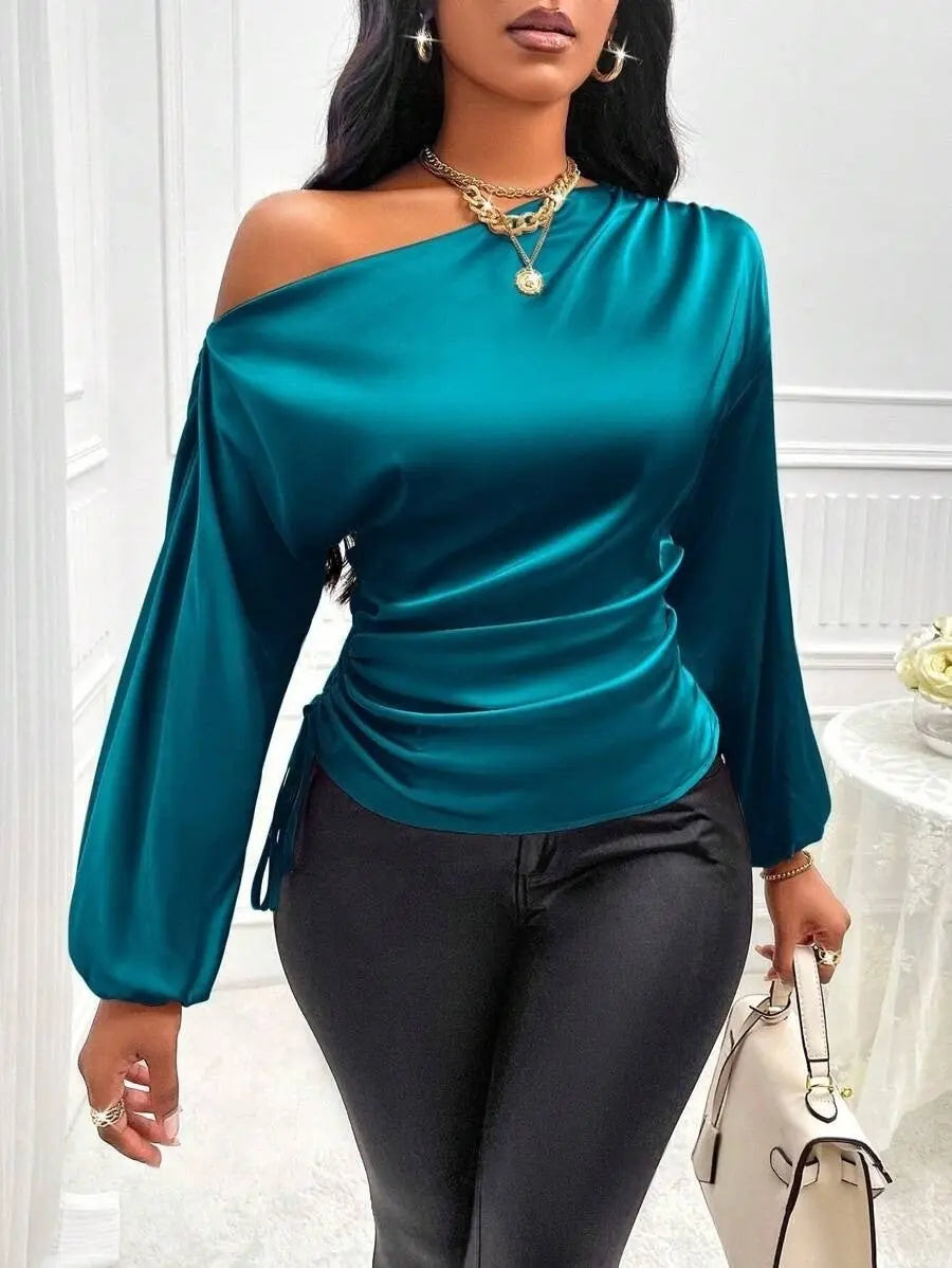 Women Clothes Satin Shirt Autumn Winter Asymmetric Long Sleeve Diagonal Collar Shirt Top Bella Mia