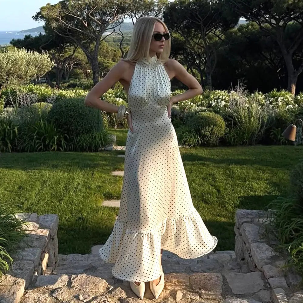 French Halter Polka Dot Satin Dress Sexy Elegant Backless Waist Trimming Dress Bella Mia