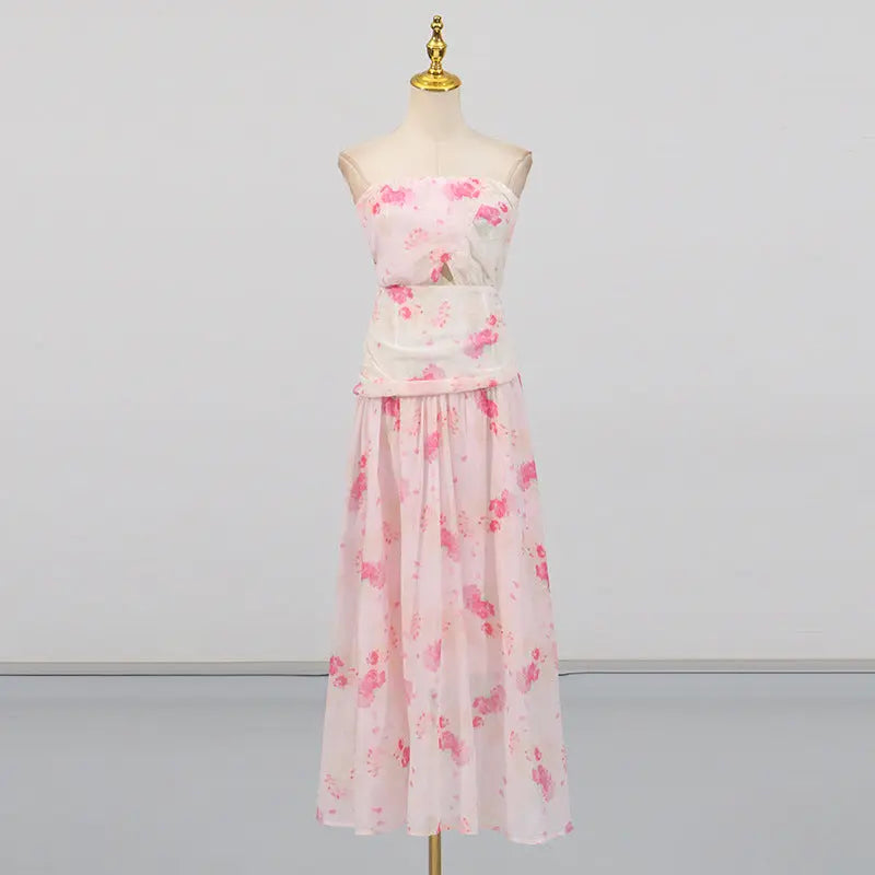 Vacation Floral Maxi Dress Strapless Cutout Zipper Ruched Polyester Bella Mia