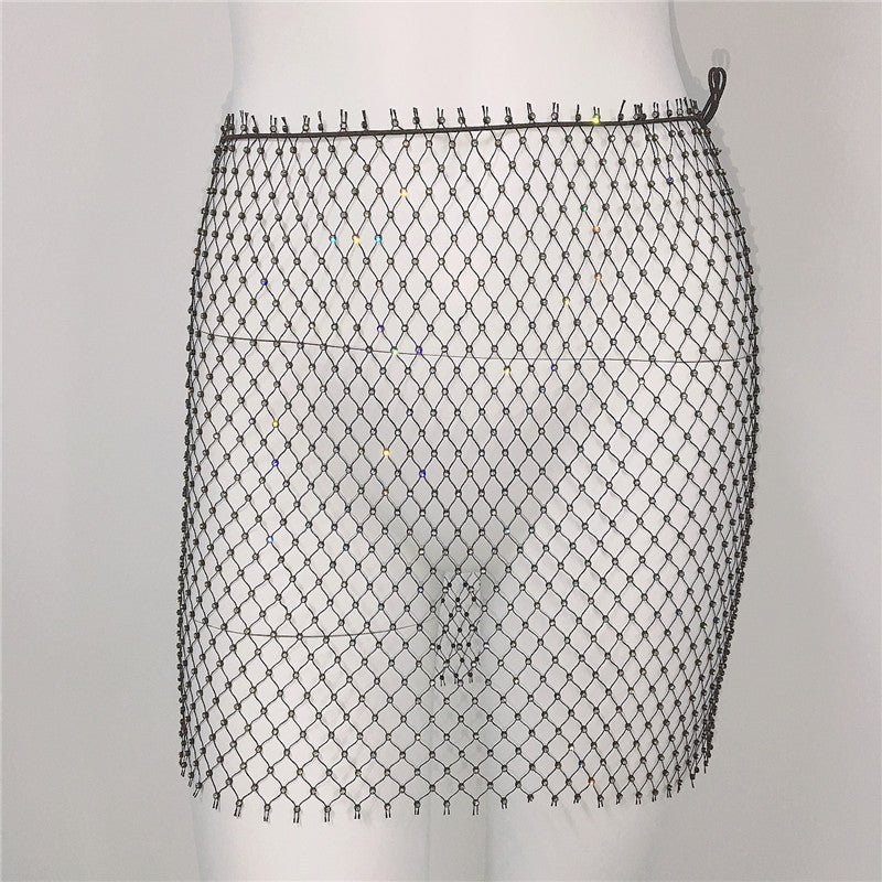Women Clothing Sexy Fishnet Rhinestone Skirt Sweet Spicy Mini Skirt Rhinestone Miniskirt Women Bella Mia