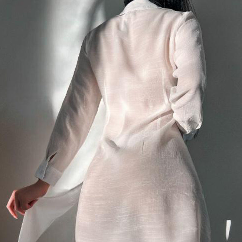 Vacation Sun Protection Shirt Long Sleeve Loose Solid Color V Neck Shirt Mid Length Ice Silk Blouse Bella Mia