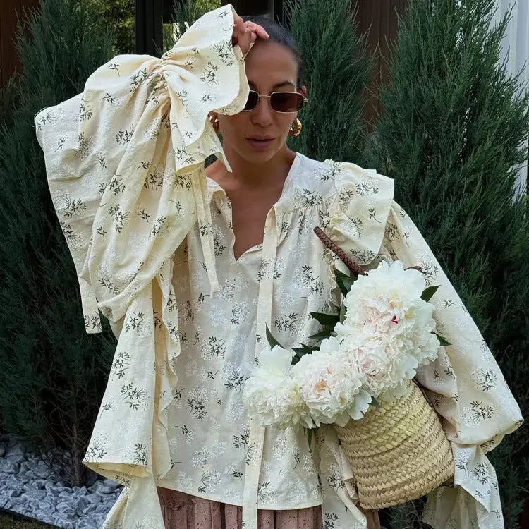 French Design Floral Ruffled Tied Neck Cotton Blouse For Women Bella Mia