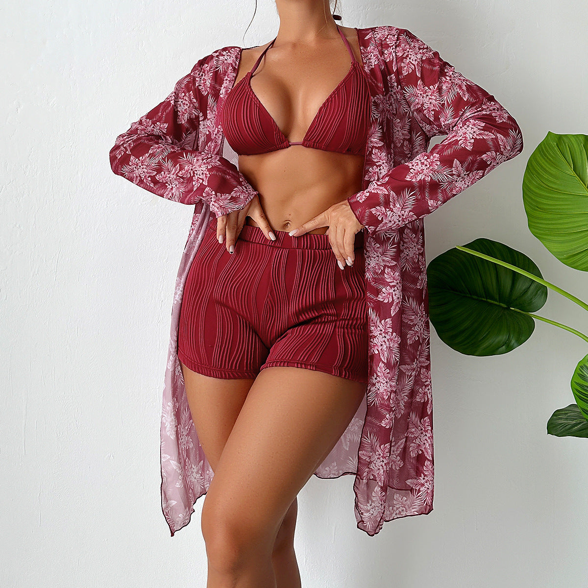 Swimsuit Women Split Three Piece Long Sleeved Bikini Internet Celebrity Solid Color Boxers Blouse Swimsuit Bella Mia