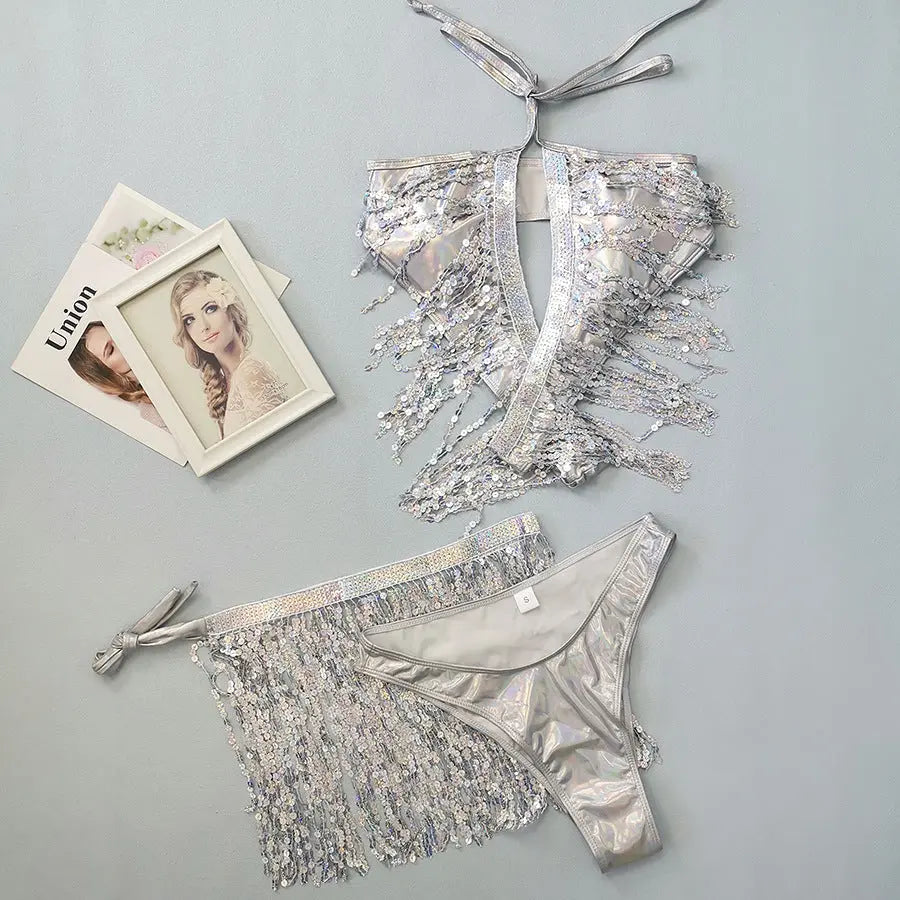Sequined Tassel Bikini Three Piece Sexy Women Swimsuit Bikini Bella Mia