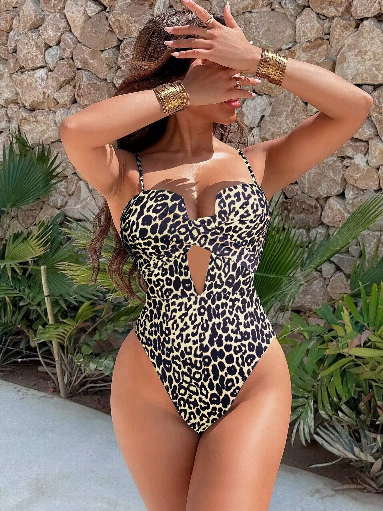 Bikini Bikini Leopard Print Hollow Out Cutout Shoulder Strap One Piece Swimsuit Bella Mia