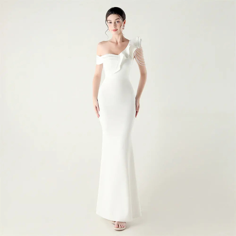 Ruffled One Shoulder Beaded Satin Fishtail Maxi Evening Dress Bella Mia