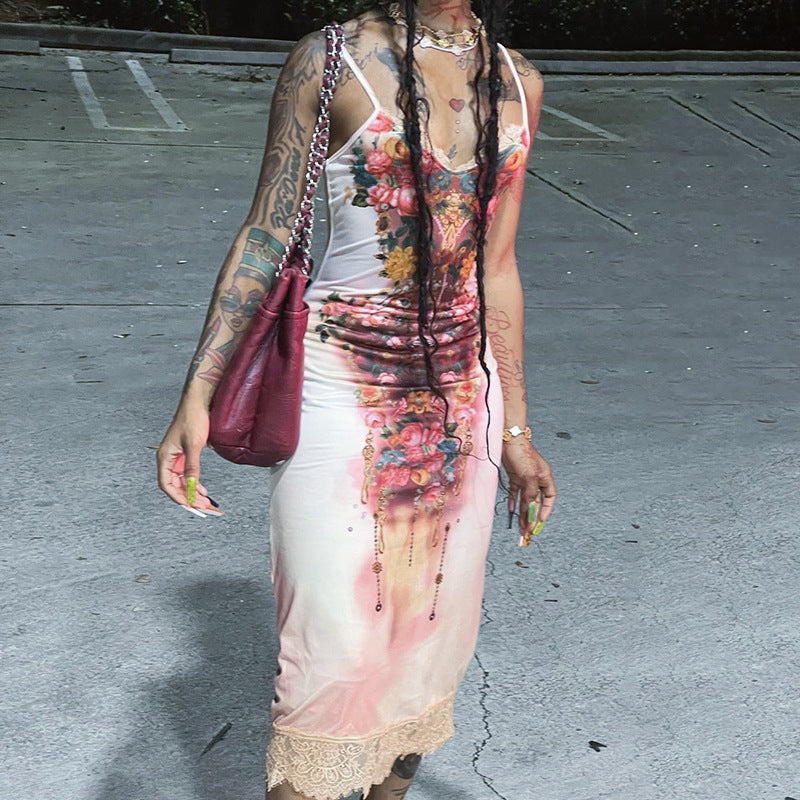 Personalized Printed Lace Lace Spaghetti Strap Dress Spring Slim Fit Maxi Dress Bella Mia