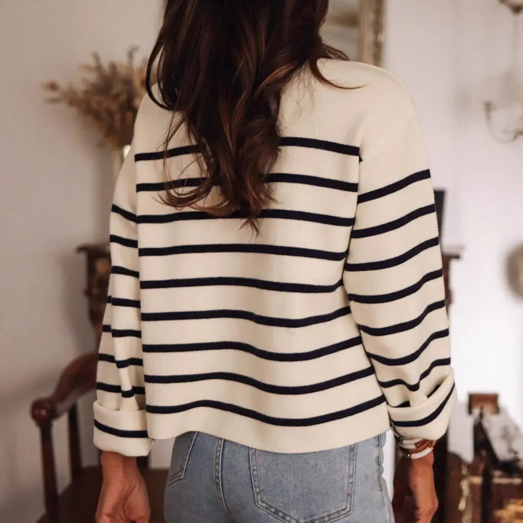 Sweater Autumn Winter Black White Striped Button Knitted Cardigan Casual Long Sleeved Sweater for Women Bella Mia