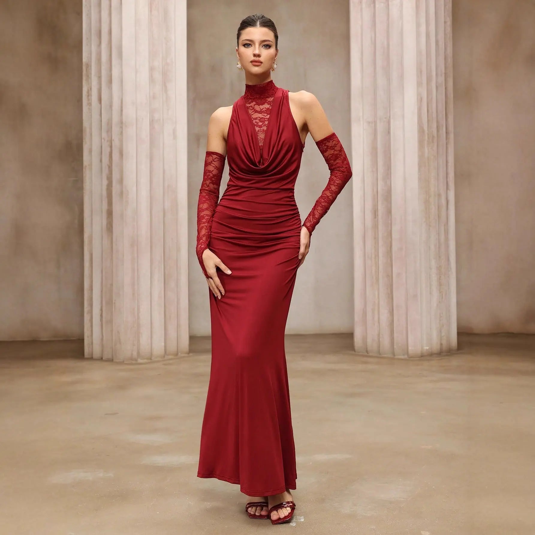 Wine Red Slim Maxi Dress With Lace Cutouts Ruched Long Sleeve Formal Evening Bella Mia