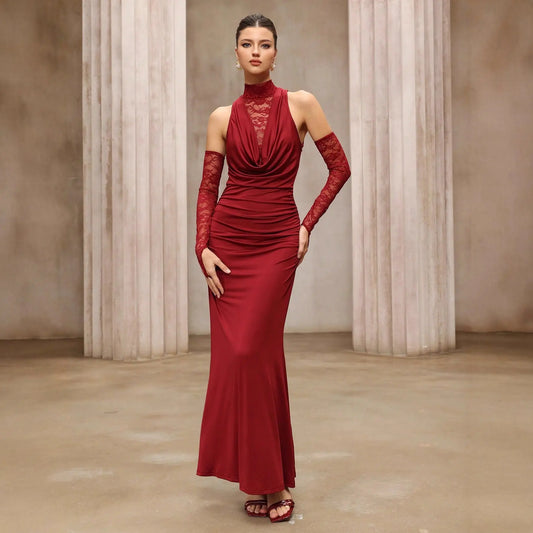 Wine Red Slim Maxi Dress With Lace Cutouts Ruched Long Sleeve Formal Evening Bella Mia