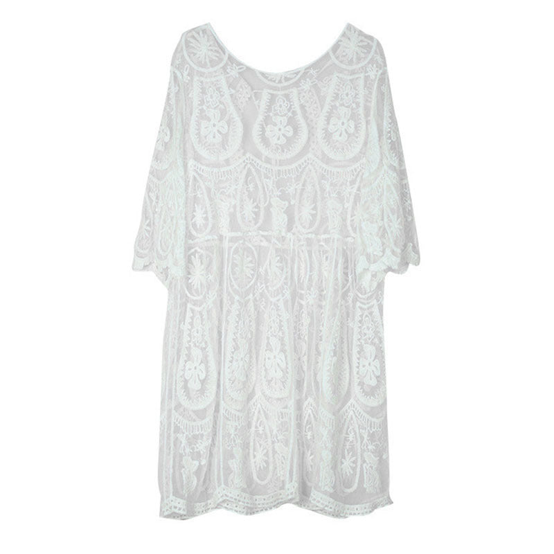 Lace Embroidered Beach Cover-up Seaside Sun Protection Clothing Sexy Halter Bikini Swimsuit Blouse Bella Mia