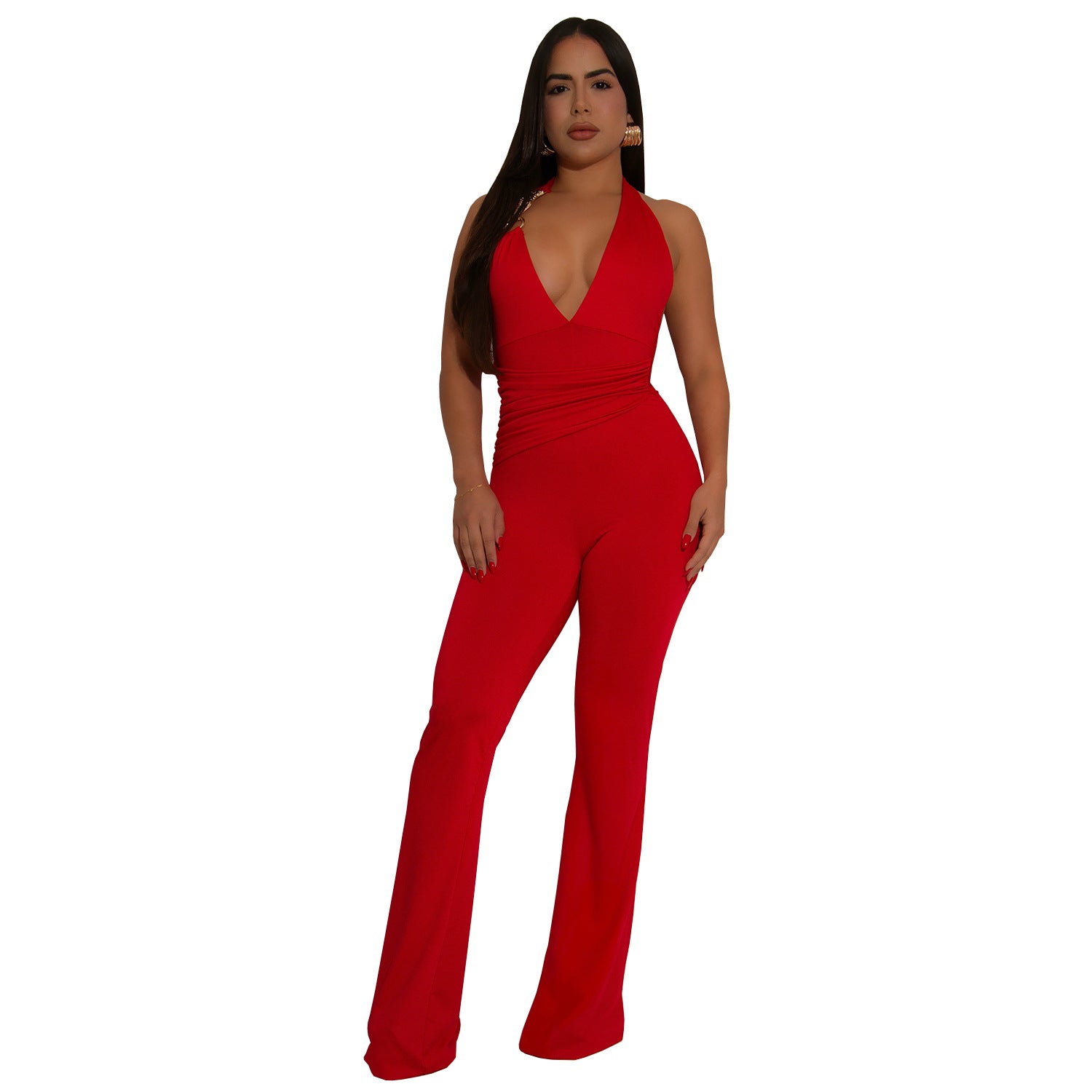 Women Wear Strap Sexy Deep V Plunge Halter Solid Color Jumpsuit Bella Mia