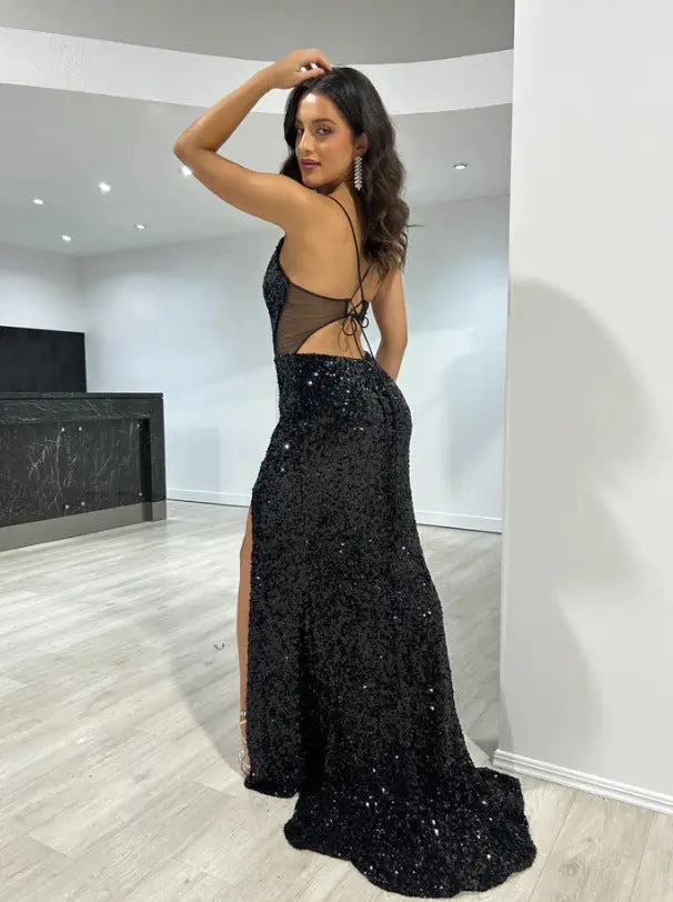 Sequined Halter Neck Split Maxi Dress Backless Zipper Slim Fit Formal Bella Mia