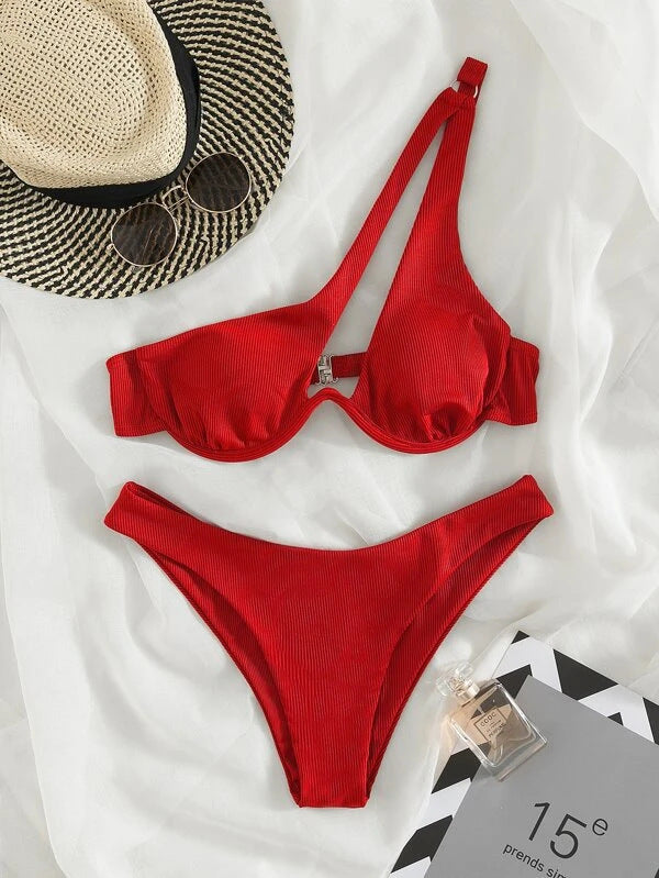 Sexy Women Seperated Swimwear Solid Color One Shoulder Underwire Bikini Bella Mia