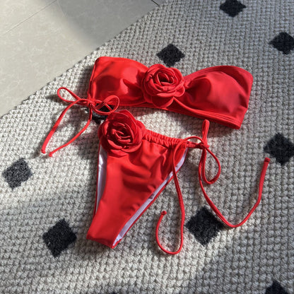 Solid Color Rose Tube Top Drawstring Strap Split Swimsuit Bikini