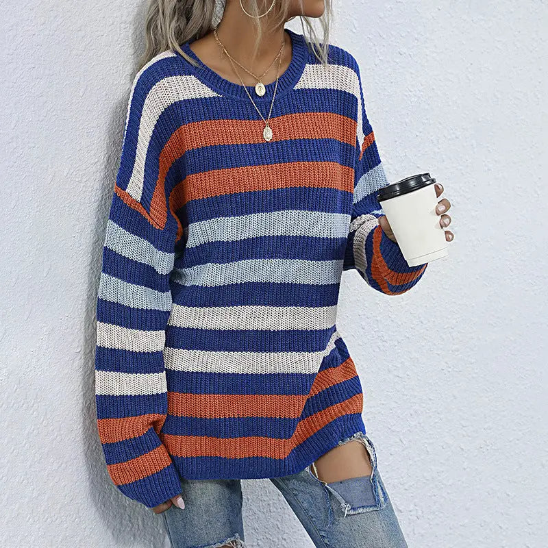 Mid Length Autumn Winter Loose Striped Crew Neck Long Sleeves Bottoming Sweater Women Bella Mia