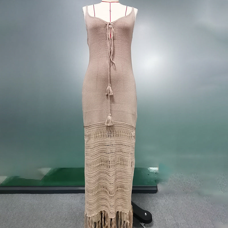 Summer Beach Dress Women Solid Color Spaghetti Straps Knitted Hollow Out Cinched Tassel Midi Dress Swimsuit Blouse Crochet hook Bella Mia