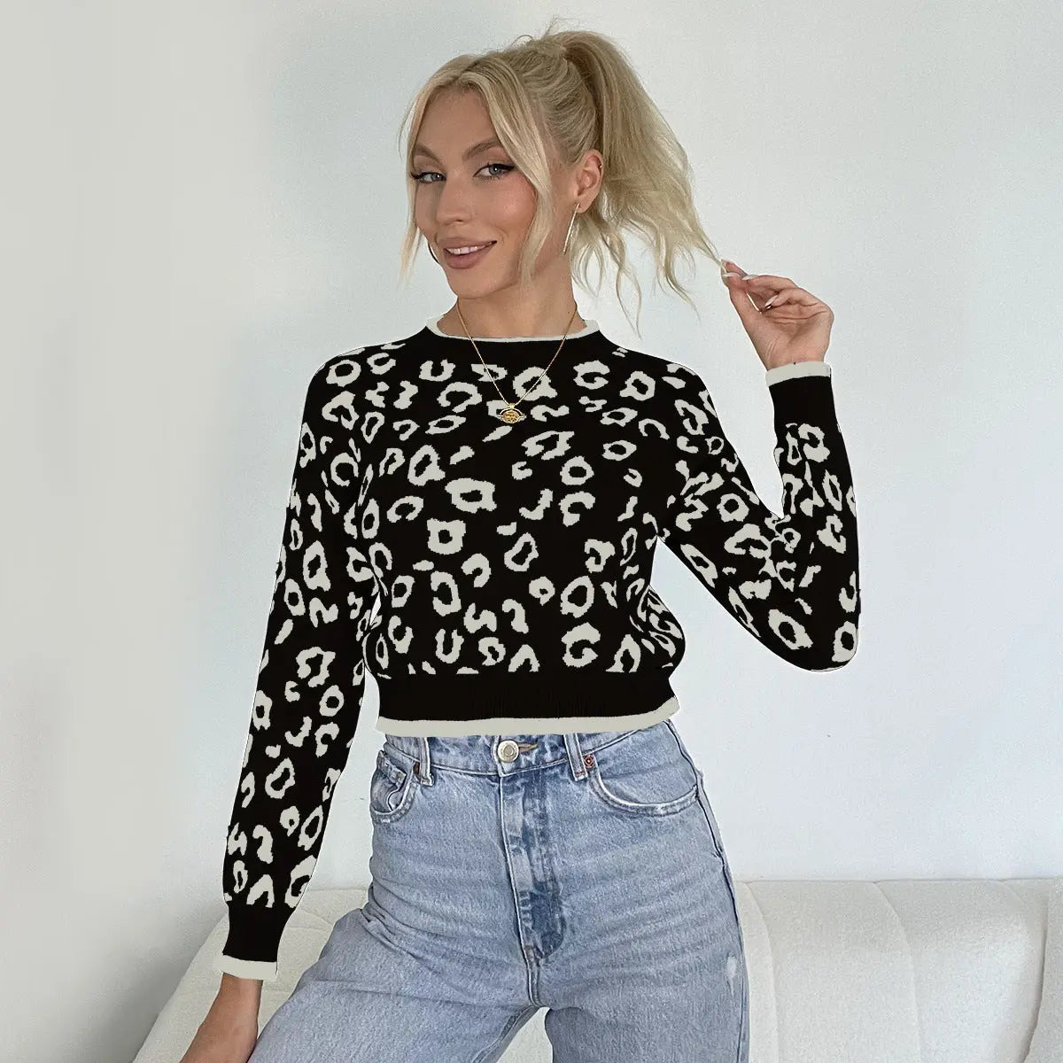 Round Neck Leopard Print Knitted Pullover Top Short Sweater Autumn Winter Women Pullover Bella Mia
