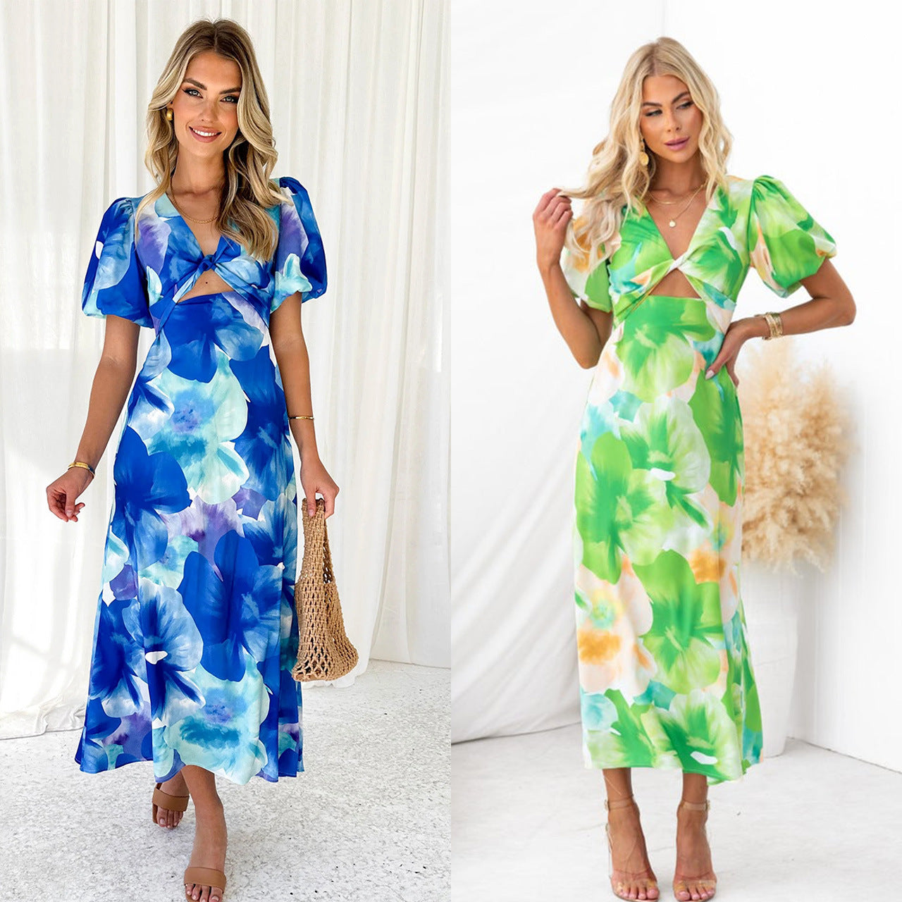 Year Bubble Sleeve Maxi Dress Sexy Print V neck Hollow Out Cutout Women Clothing Bella Mia