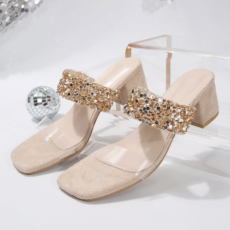 One Strap Mid Heel Slippers Women Chunky Heel Square Toe Rhinestone Chunky Heel Sandals Bella Mia