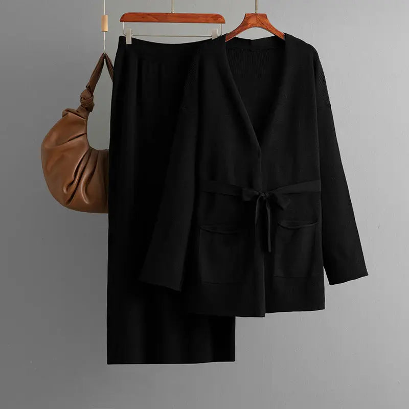 Women Autumn Winter V neck Loose Knitted Lace up Cardigan Skirt Two Piece Set Bella Mia