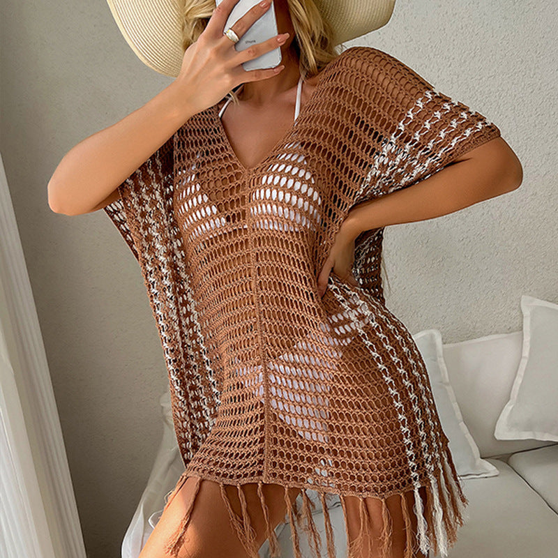 Contrast Color Sexy Loose Pullover V-neck Tassel Hollow Out Cutout out Beach Sun Protection Clothing Bikini Beach Cover-up Crochet hook