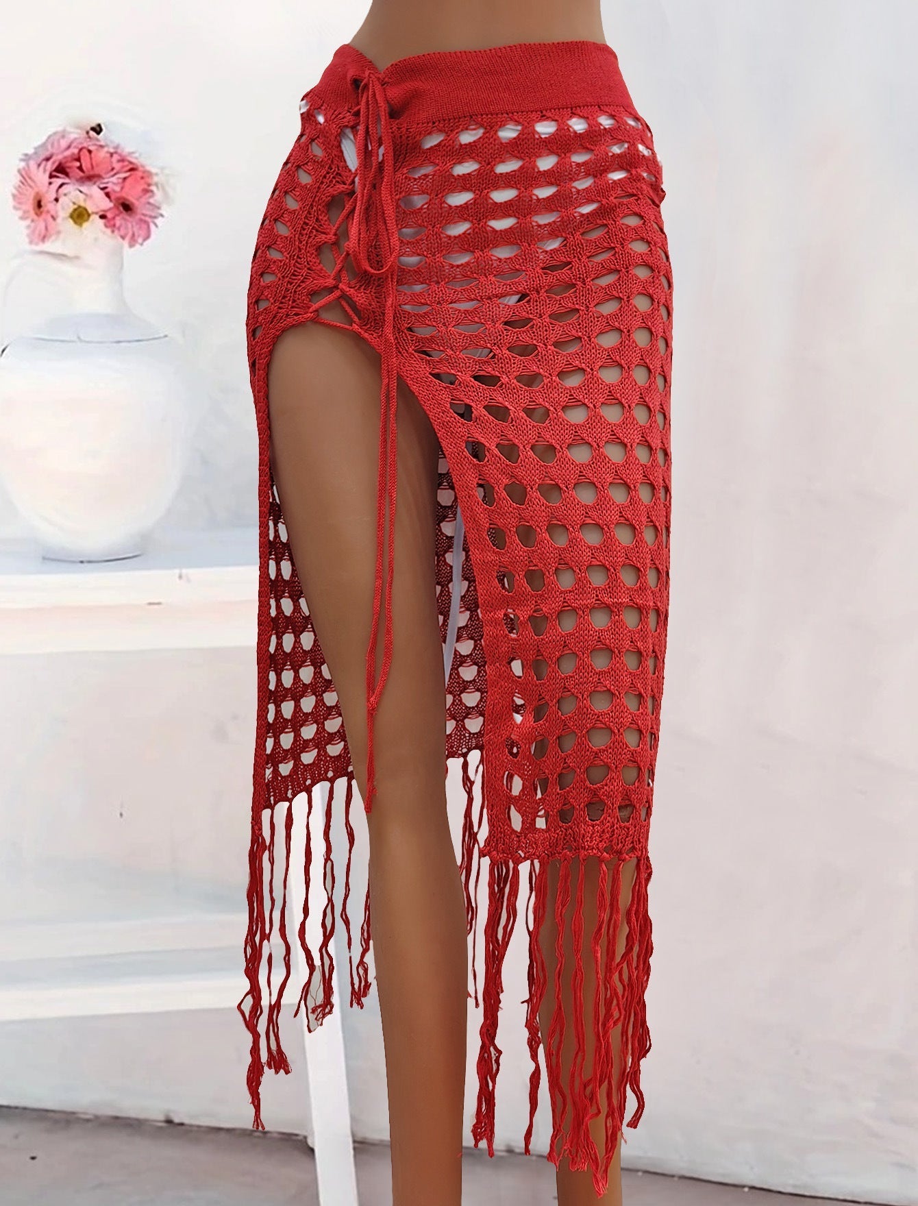 Women Clothing Sexy Cutout Woven Lace up Tassel Dress Split Beach Skirt Bella Mia