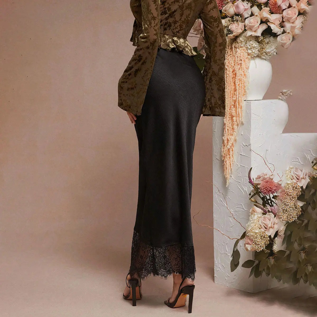 Elegant Satin Pencil Skirt With Lace Stitching For Socialite Women Bella Mia
