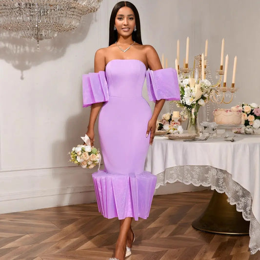 Purple Strapless Tube Top Midi Bodycon Dress Elegant Party Gown Bella Mia