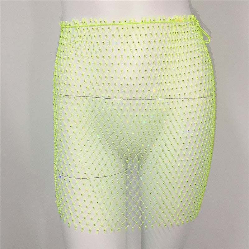 Women Clothing Sexy Fishnet Rhinestone Skirt Sweet Spicy Mini Skirt Rhinestone Miniskirt Women Bella Mia