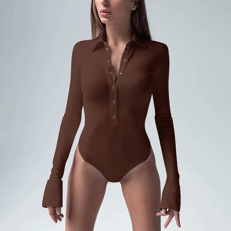 Trend Sexy Slim Long Sleeve Button Collared Bodysuit Autumn Winter Women Clothing Bella Mia