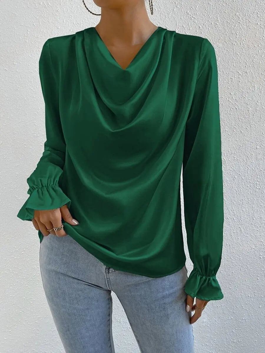 Elegant Panelled Long Sleeve Satin Shirt For Women With Cowl Neck Bella Mia