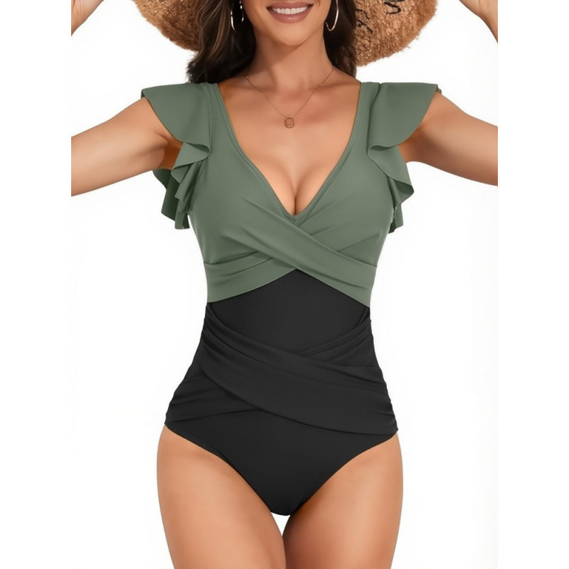 Solid Color Swimsuit Women Sexy Bikini Siamese Triangle Flounced Swimsuit