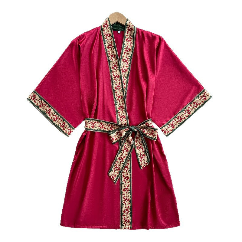 Ice Silk Nightdress Four Seasons Simplicity Homewear Sexy Mid Length to Long Cardigan Nightgown Bathrobe Women Chinese Nightgown Bella Mia