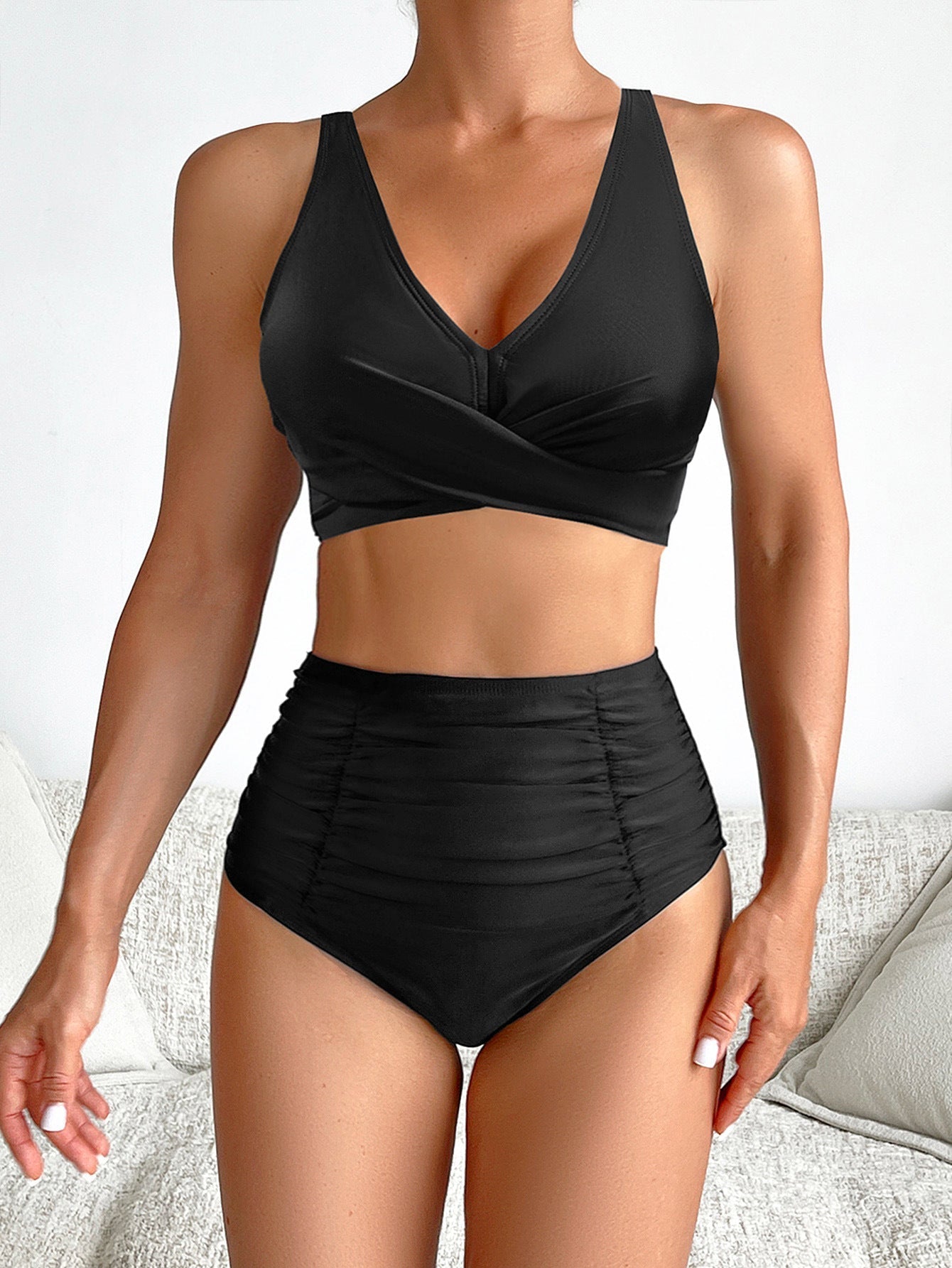 Bikini Solid Color Wrinkle High Waist Sexy Bikini Split Swimsuit Swimwear Bella Mia