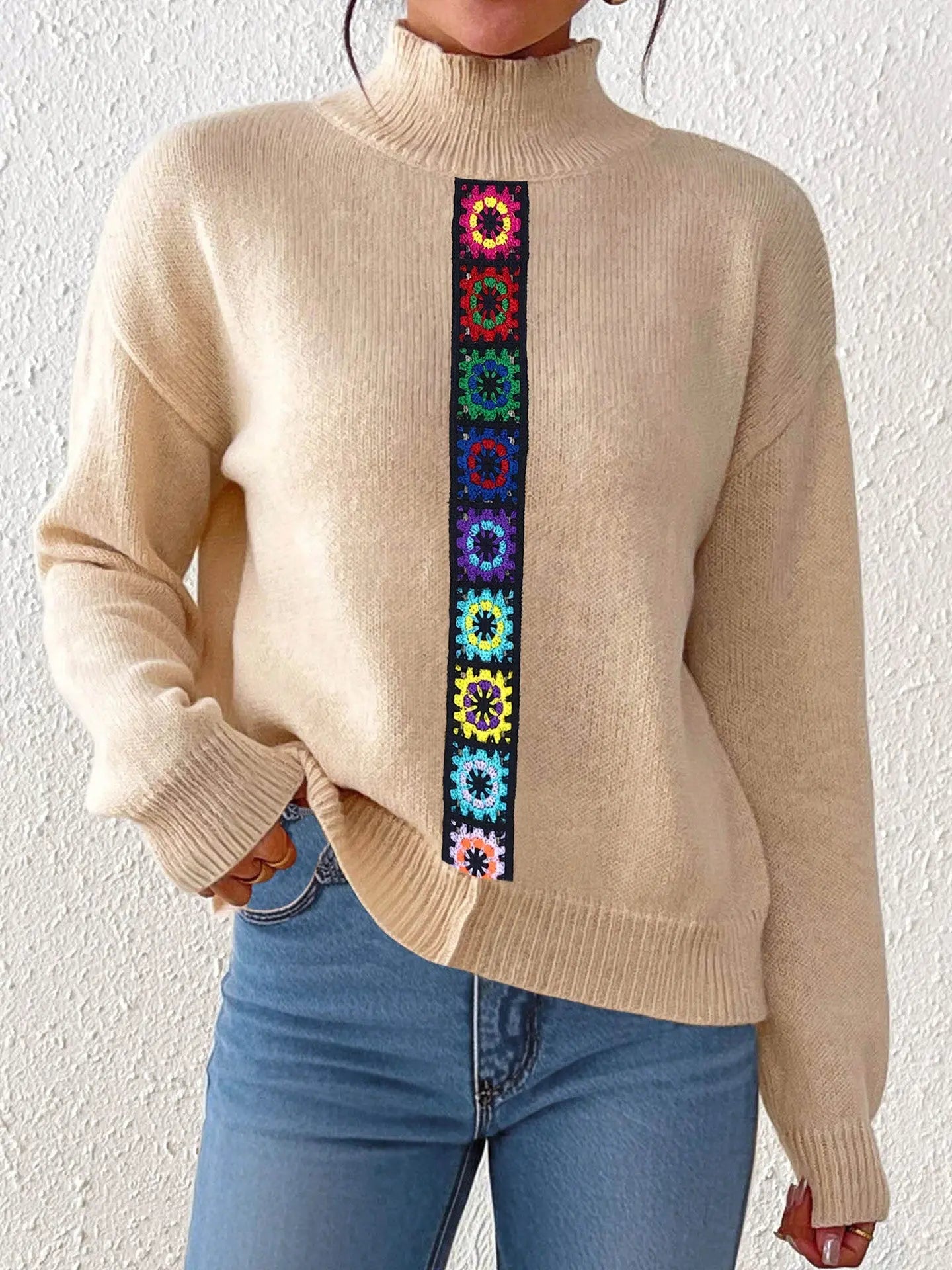 Women Clothing Personality Color Random Imitation Hand Crocheted Stitching Woven Top Pullover Sweater Bella Mia