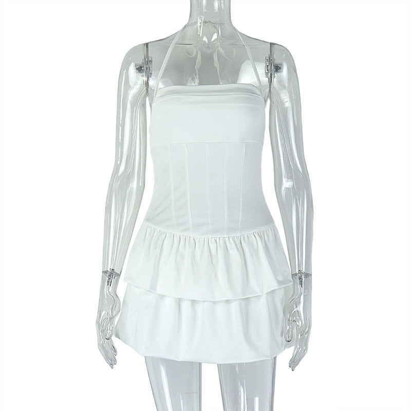 Elegant Sexy Backless Pleated A line Halterneck off Shoulder Dress Fresh Simple Women Clothing Bella Mia