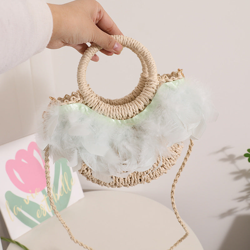 Fairy Feather Crossbody Straw Bag Cute Portable Semicircle Straw Bag Woven Bag Rattan Weave Bag Seaside Vacation Beach Bag Bella Mia