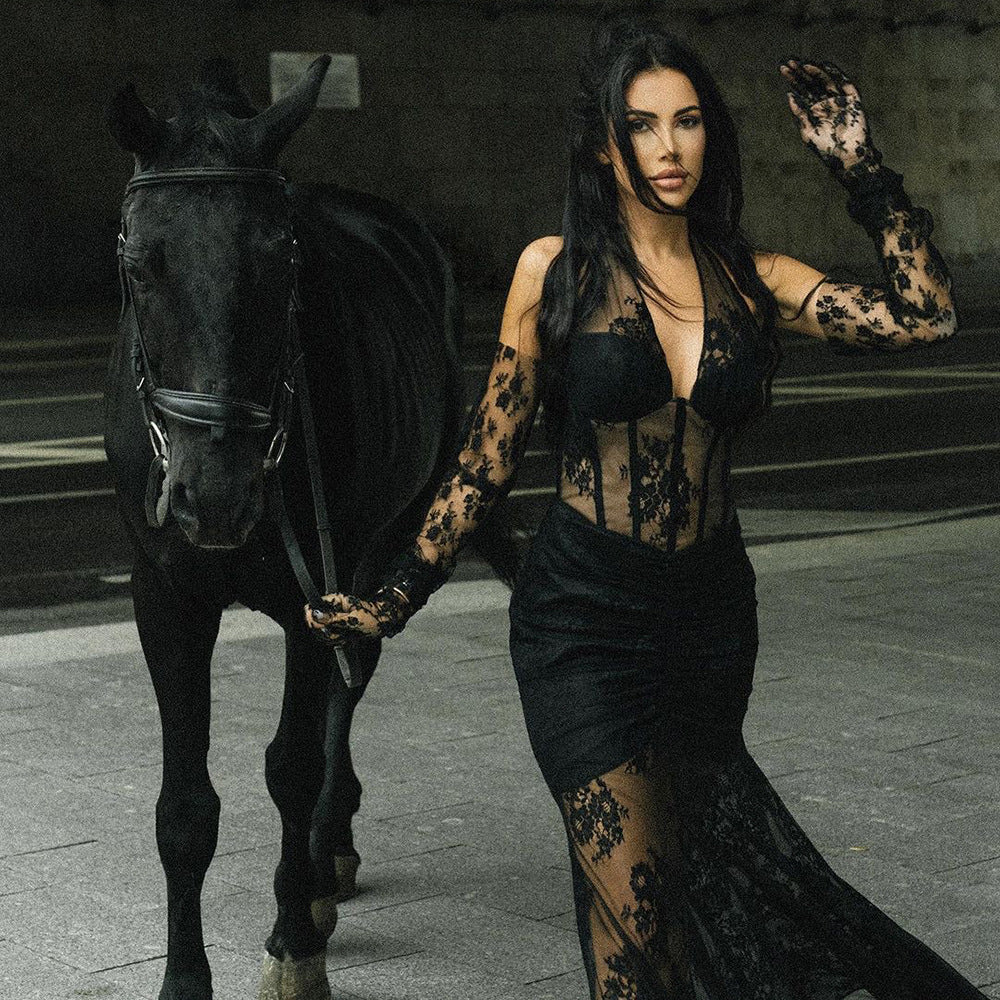 Spring Summer Black Blue Lace Halter Dress Women Gloves Semi-Transparent Sexy Dress Bella Mia