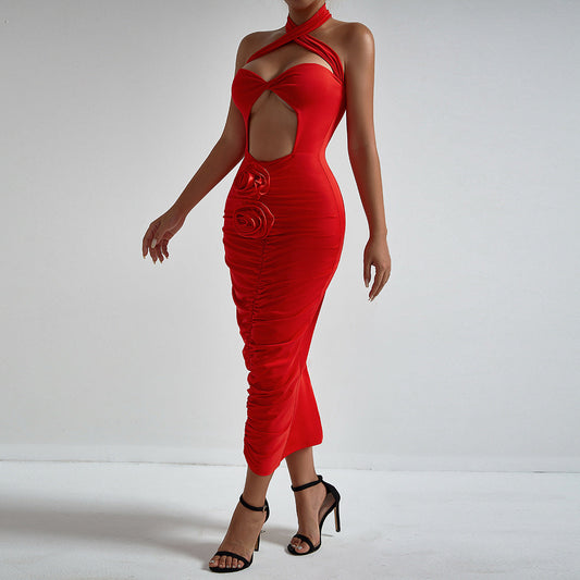 Fashionable Floral Cross Halter Hollow Out Cutout Sexy Chest lattering Dress Elegant Holiday Pleated Hip Dress for Women Bella Mia