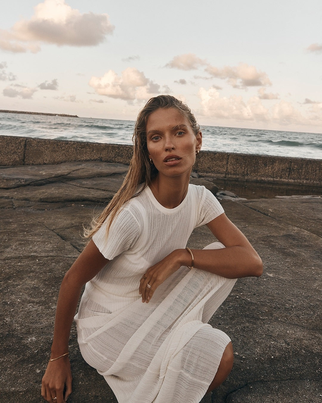 See Through Knitted Dress Casual Waist Tight Round Neck Big Pit Stripe Slimming Knitted Maxi Dress Women Bella Mia