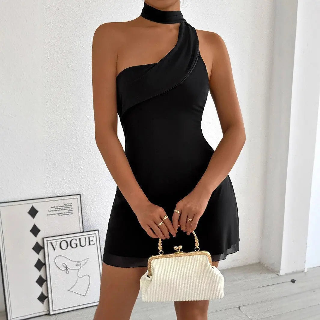 Summer One Shoulder Sleeveless Halter Dress Sexy Lacing Slim Fit Hip Wrapped Short Dress Bella Mia