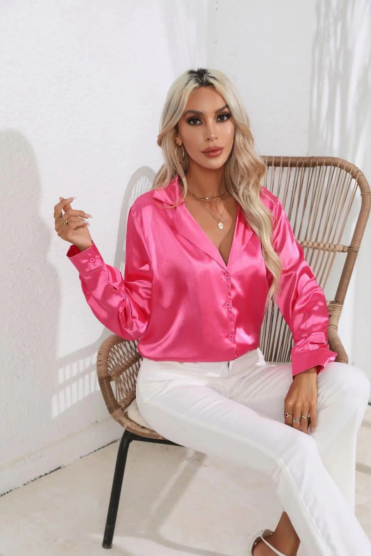 Popular Real Collar Satin Shirt Women Satin Artificial Silk Long Sleeve Shirt Women Clothing Bella Mia